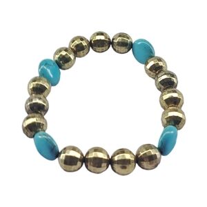 Gold Tone Faceted Bead Stretch Bracelet with Turquoise Accent Beads